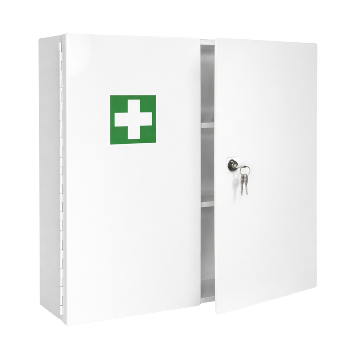 Verbandschrank G (leer) – zweitürig aus Metall – 3 Fächer – abschließbar – Weiß – für DIN 13157 & 13169 Füllungen - 60x50x13 cm