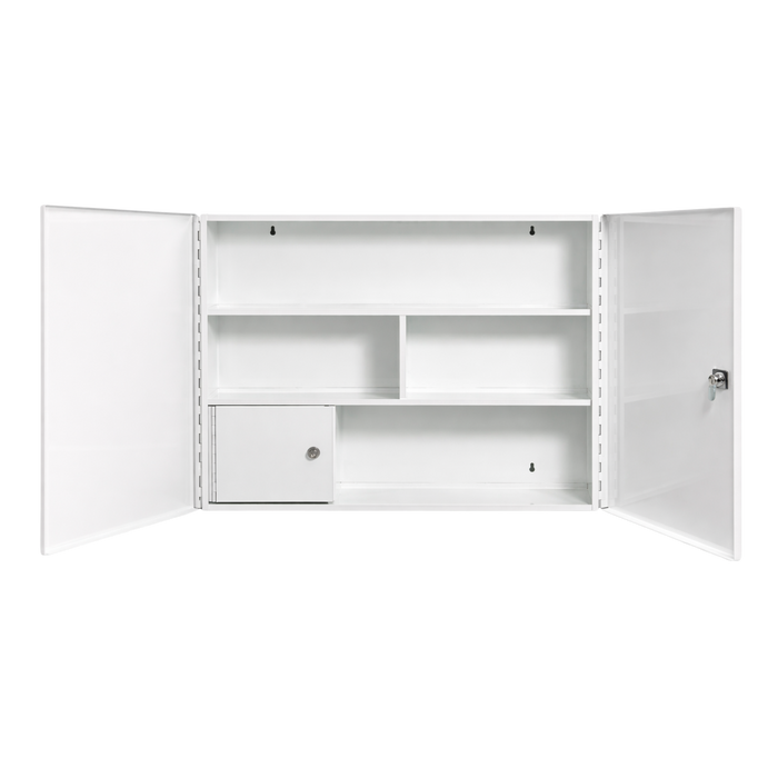 Verbandschrank G (leer) – zweitürig aus Metall – 3 Fächer – abschließbar – Weiß – für DIN 13157 & 13169 Füllungen - 60x50x13 cm