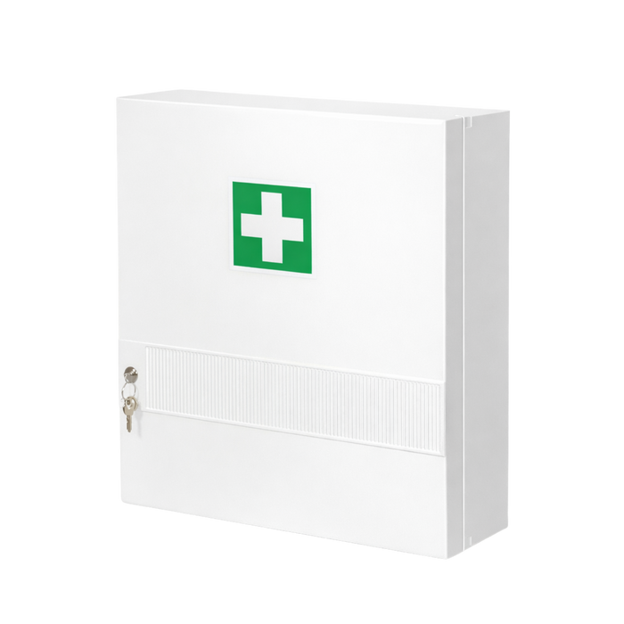 Verbandschrank K mit kleiner DIN 13157 Füllung – Kunststoff, 10 Fächer, Sicherheitsschloss - 45x34,5x16 cm