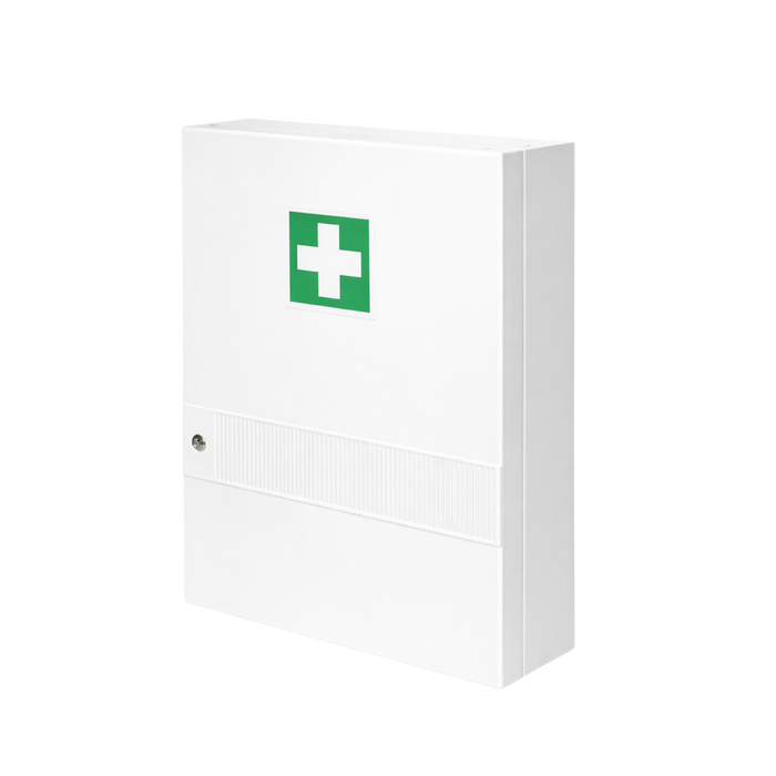 Verbandschrank K (leer) – Kunststoff, 10 Fächer, Sicherheitsschloss - für DIN 13157 Füllung - 45x34,5x16 cm