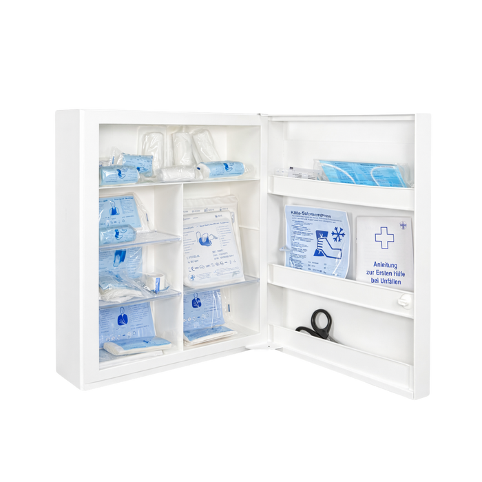 Verbandschrank K mit kleiner DIN 13157 Füllung – Kunststoff, 10 Fächer, Sicherheitsschloss - 45x34,5x16 cm