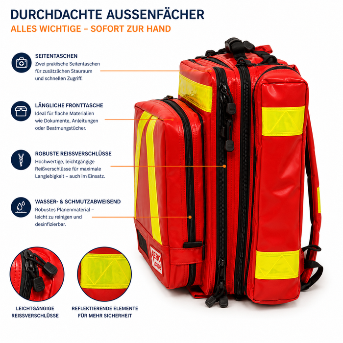 AEROcase AED-Notfallrucksack Größe M - unbefüllt - rot mit Reflektoren