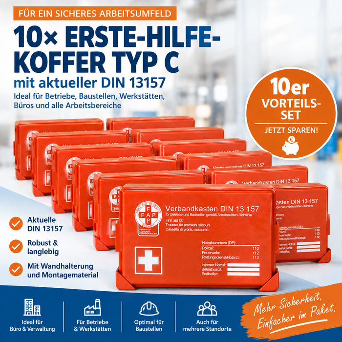 Verbandkasten Typ C mit DIN 13157 Füllung - orange - kompakt & robust - für Büro, Haushalt & Freizeit - 26 × 8,5 × 18 cm