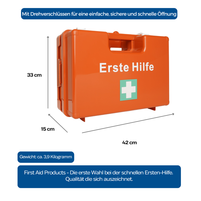 Erste-Hilfe-Koffer LARGE inkl. DIN 13157 - orange – mit Halterung & Schrauben - 42x15x33 cm