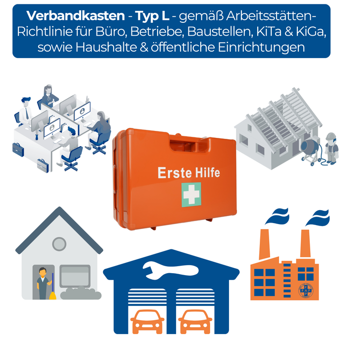 Erste-Hilfe-Koffer DIN 13169:2021 - LARGE - orange - mit großer DIN-Füllung, inkl. Halterung