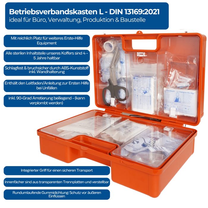 Erste-Hilfe-Koffer DIN 13169:2021 - LARGE - orange - mit großer DIN-Füllung, inkl. Halterung