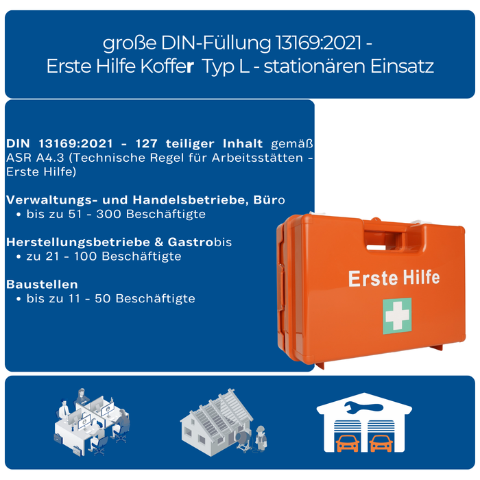 Erste-Hilfe-Koffer DIN 13169:2021 - LARGE - orange - mit großer DIN-Füllung, inkl. Halterung