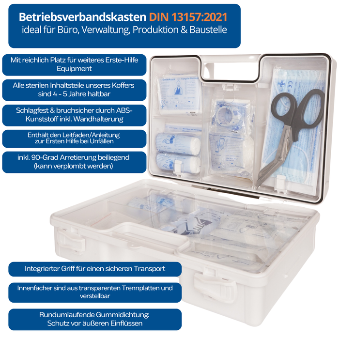 Erste-Hilfe-Koffer LARGE inkl. DIN 13157 Füllung - weiß - mit Halterung & Schrauben - 42x15x33 cm