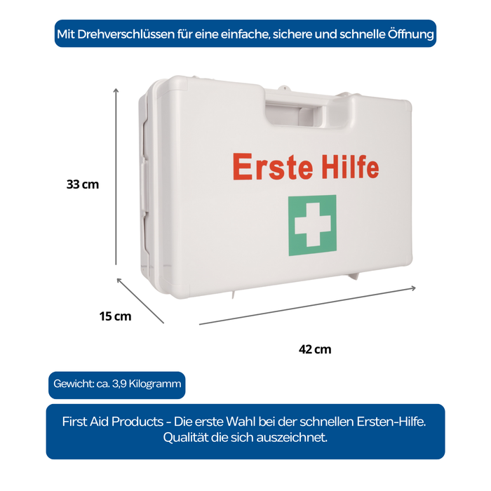 Erste-Hilfe-Koffer LARGE inkl. DIN 13157 Füllung - weiß - mit Halterung & Schrauben - 42x15x33 cm