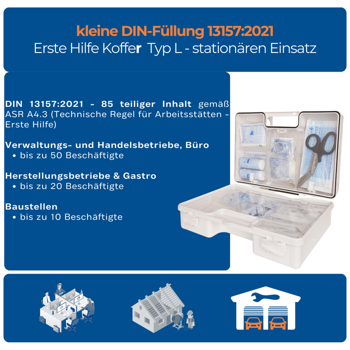 Erste-Hilfe-Koffer LARGE inkl. DIN 13157 Füllung - weiß - mit Halterung & Schrauben - 42x15x33 cm