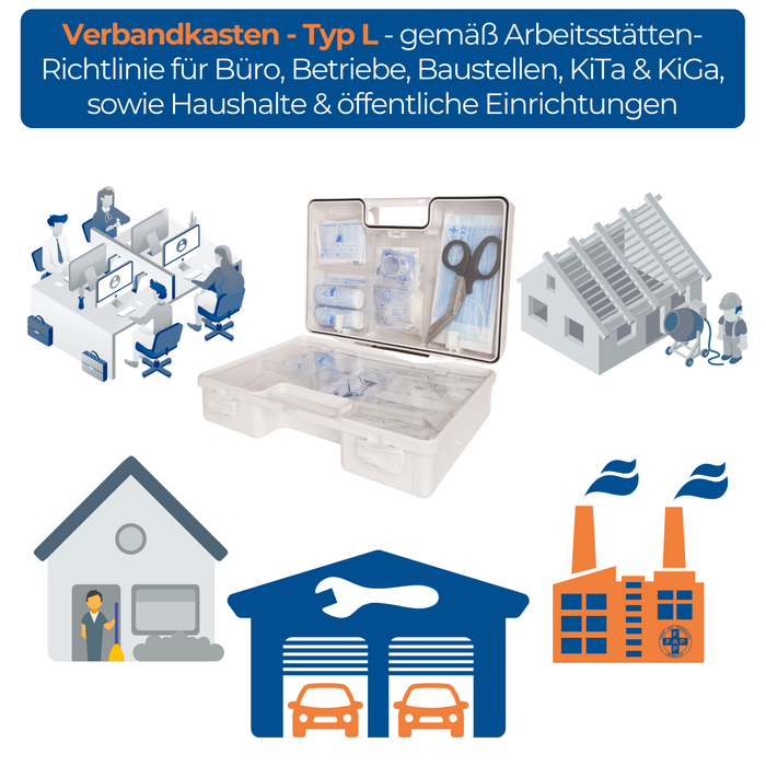 Erste-Hilfe-Koffer LARGE inkl. DIN 13157 Füllung - weiß - mit Halterung & Schrauben - 42x15x33 cm