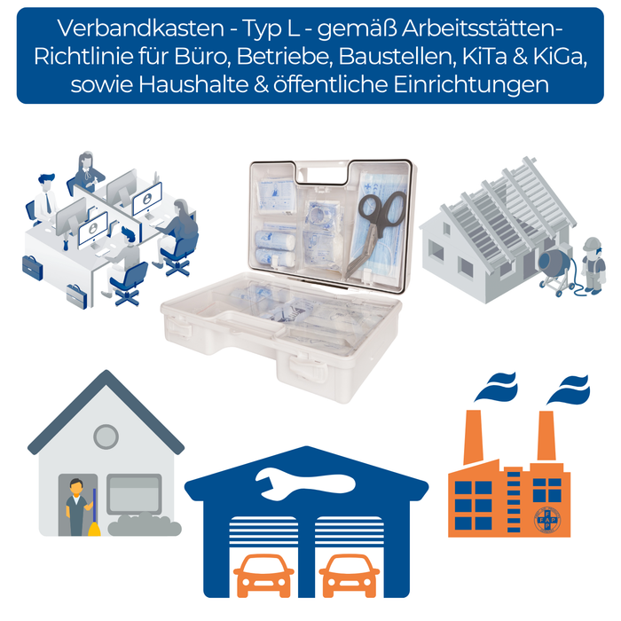 Erste-Hilfe-Koffer LARGE inkl. DIN 13169 - weiß – mit Halterung & Schrauben - 42x15x33 cm