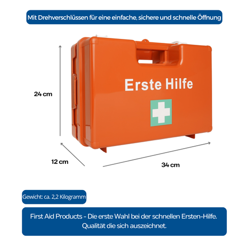 Erste Hilfe Kasten Typ M mit DIN 13157 mit Maßen und Gewicht