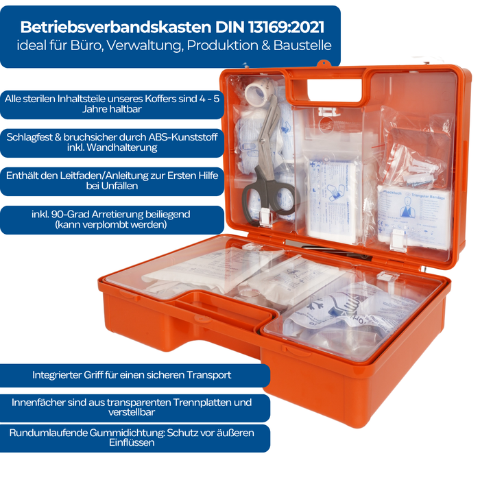 Erste-Hilfe-Koffer DIN 13169:2021 - MEDIUM - orange - mit Wandhalterung - inkl. große DIN-Füllung