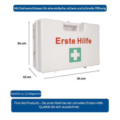 Erste-Hilfe-Koffer MEDIUM inkl. DIN 13157 - Weiß - mit Wandhalterung Maße und Gewicht