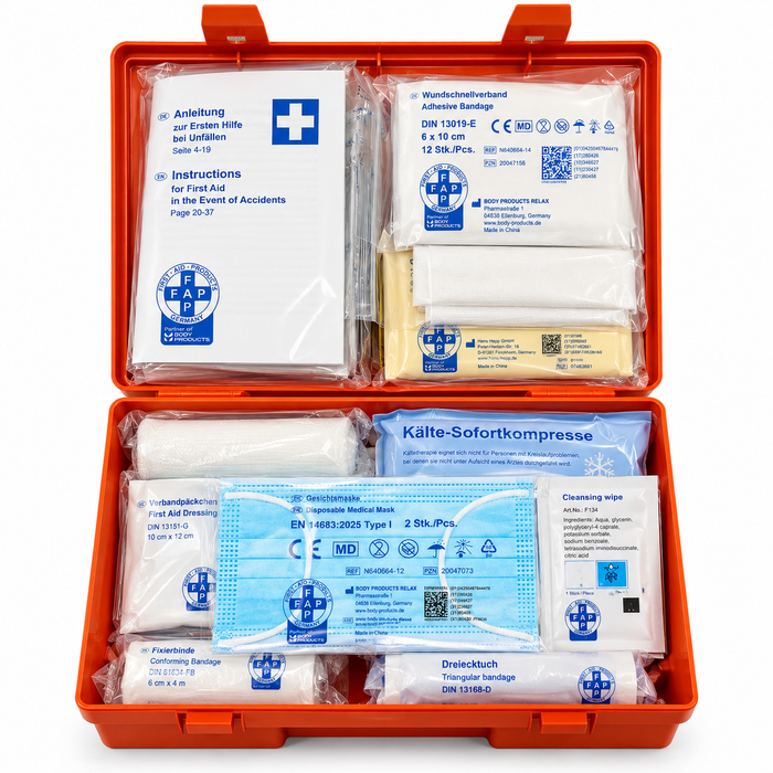 Verbandkasten Typ C mit DIN 13157 Füllung - orange - kompakt & robust - für Büro, Haushalt & Freizeit - 26 × 8,5 × 18 cm