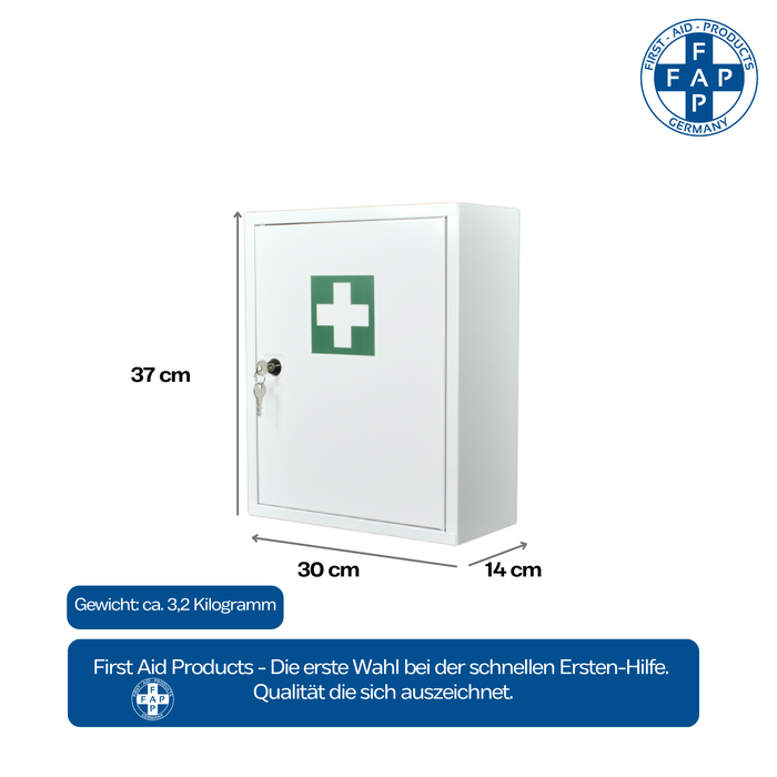 Verbandschrank A mit DIN 13157 Füllung - Metall - 2 Fächer - abschließbar - weiß - 37x30x14 cm
