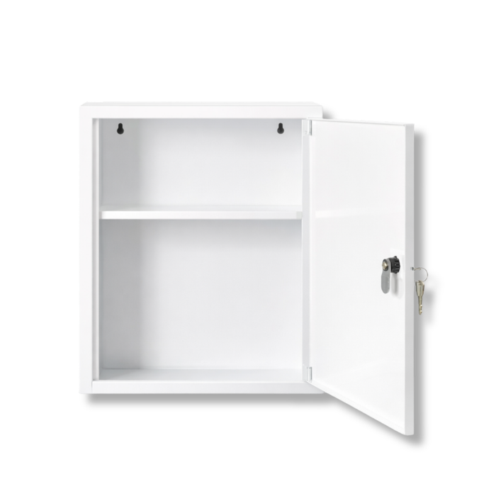 Verbandschrank A leer – Metall – 2 Fächer – Weiß - inkl. Schloss – für DIN 13157 Füllung, 37x30x14 cm
