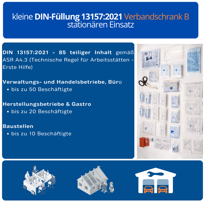Verbandschrank B mit DIN 13157 Füllung - Metall - Weiß - 3 Fächer - abschließbar - 46x30x14 cm