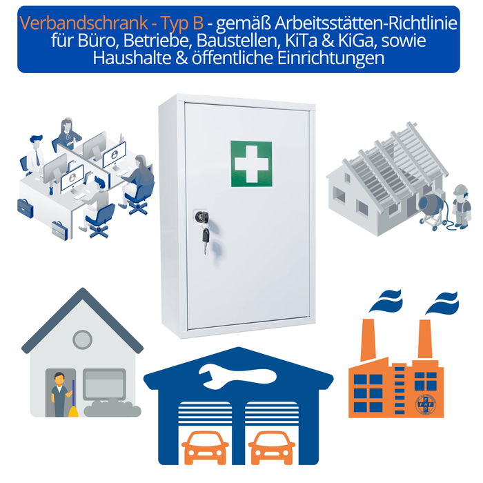 Verbandschrank B (leer) – Metall – 3 Fächer – abschließbar – Weiß – für DIN 13157 Füllung - 46x30x14 cm