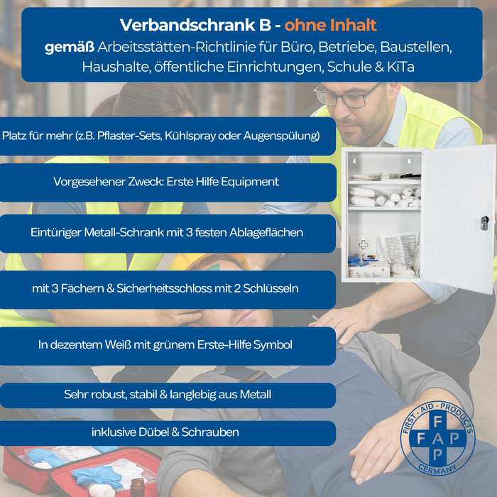 Verbandschrank B (leer) – Metall – 3 Fächer – abschließbar – Weiß – für DIN 13157 Füllung - 46x30x14 cm