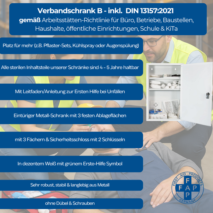 Verbandschrank B mit DIN 13157 Füllung – Metall – Weiß – abschließbar - gemäß Arbeitsstätten Richtlinie