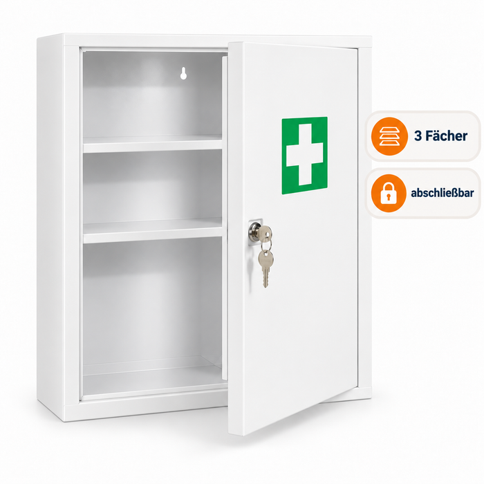 Verbandschrank B (leer) - Metall - 3 Fächer - abschließbar - Weiß - für DIN 13157 Füllung - 46x30x14 cm