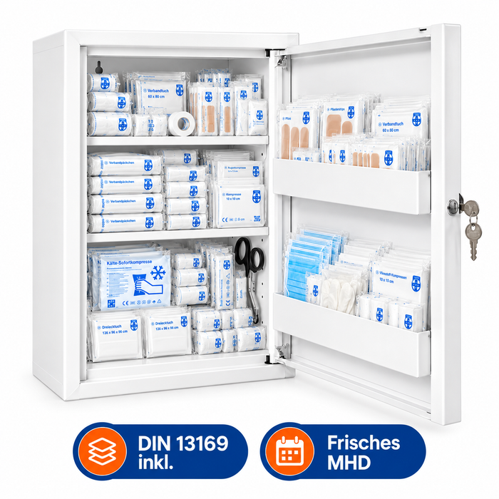 Verbandschrank C - Metall mit DIN 13169 Füllung (167-teilig) – groß & flexibel - 48,5x40x20 cm