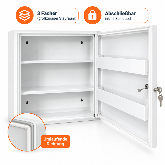 Verbandschrank D (leer) - Metall, staubgeschützt mit Dichtung - abschließbar - Weiß - 48,5 × 40 × 15 cm
