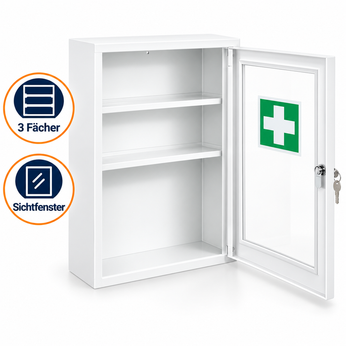 Verbandschrank F (leer) – Metall, pulverbeschichtet, 1-türig mit Sichtfenster & Sicherheitsschloss – für DIN 13157 Füllung – Weiß, 46×30×14 cm