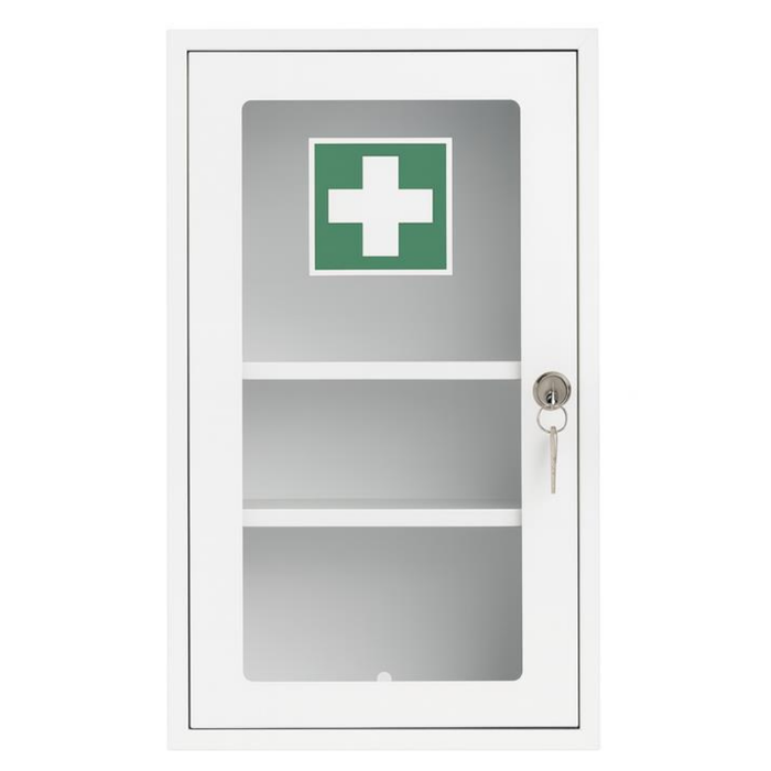 Verbandschrank F (leer) – Metall, pulverbeschichtet, 1-türig mit Sichtfenster & Sicherheitsschloss – passend für DIN 13157 Füllung – Weiß, 46×30×14 cm