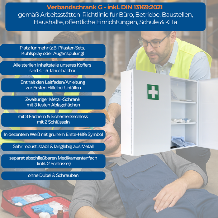 Verbandschrank G mit DIN 13169 – Metall, weiß, zweitürig – Medikamentenfach - FAP First Aid Products -Key Facts