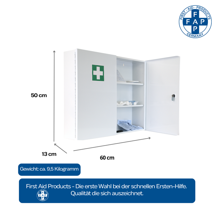 Verbandschrank G mit DIN 13169 – Metall, weiß, zweitürig – Medikamentenfach - FAP First Aid Products - Maße und Gewicht