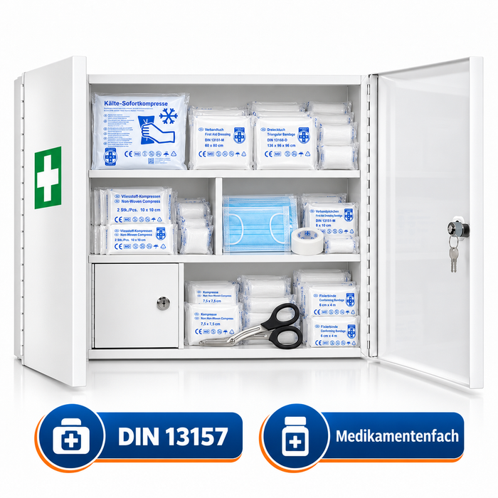 Verbandschrank G mit DIN 13157 Füllung (85-teilig) - Metall, zweitürig - Medikamentenfach & Stauraum - 60x50x13 cm