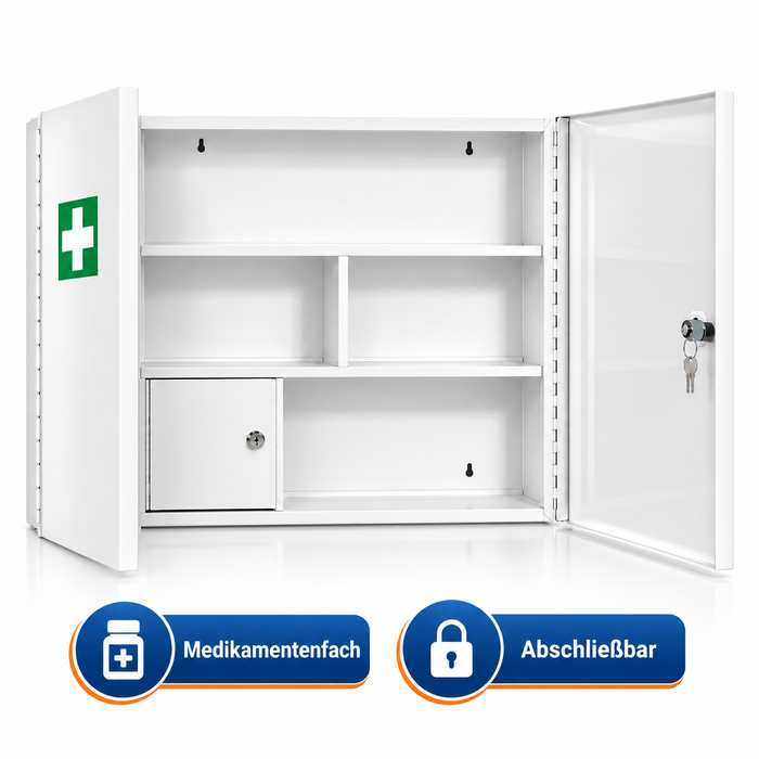Verbandschrank G (leer) – zweitürig aus Metall – 3 Fächer – abschließbar – Weiß – für DIN 13157 & 13169 Füllungen - 60x50x13 cm