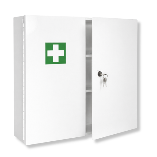 Verbandschrank G mit DIN 13157 Füllung (85-teilig) – Metall, zweitürig – Medikamentenfach & Stauraum - 60x50x13 cm