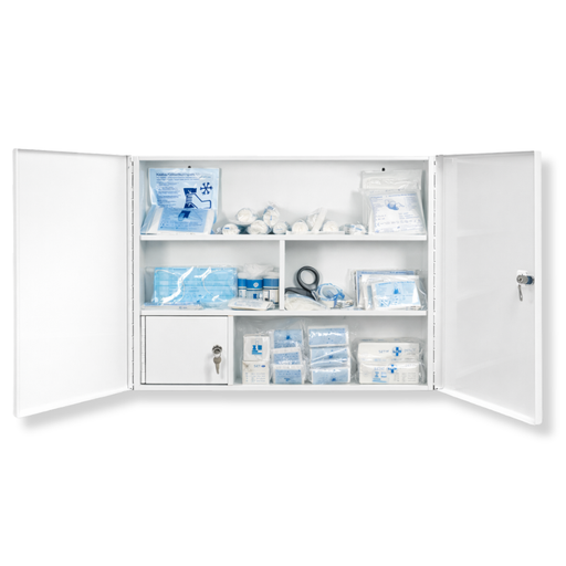 Verbandschrank G mit großer DIN 13169 Füllung (167-teilig) – Metall, zweitürig – Medikamentenfach & Stauraum - 60x50x13 cm