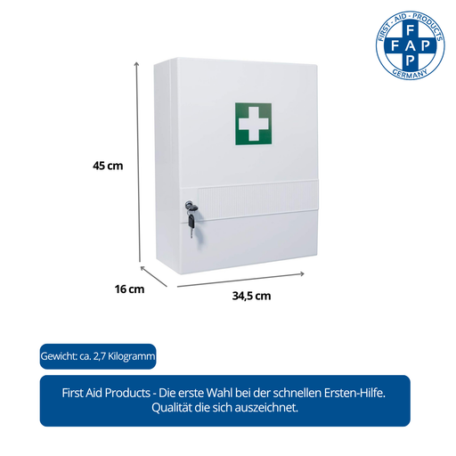 Verbandschrank K, leer – Kunststoff, 10 Fächer, Schloss - für DIN 13157 - FAP First Aid Products  - Maße und Gewicht