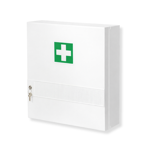 Verbandschrank K (leer) – Kunststoff, 10 Fächer, Sicherheitsschloss - für DIN 13157 Füllung - 45x34,5x16 cm