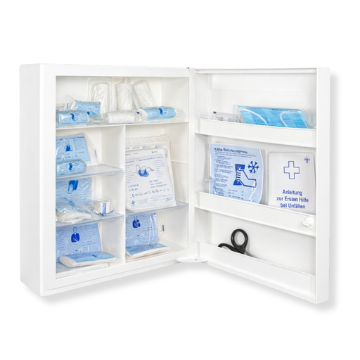 Verbandschrank K mit kleiner DIN 13157 Füllung – Kunststoff, 10 Fächer, Sicherheitsschloss - 45x34,5x16 cm