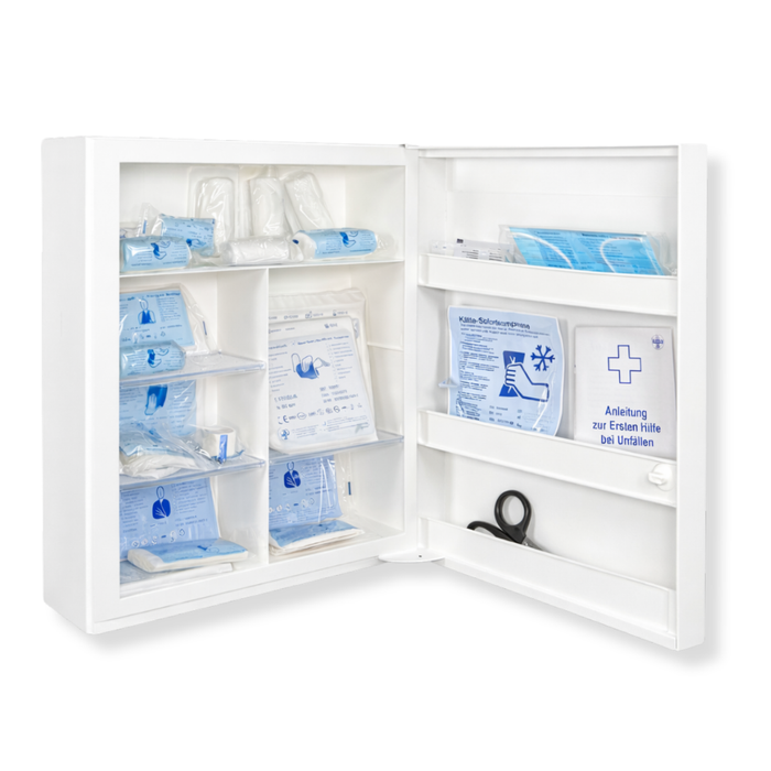 Verbandschrank K mit kleiner DIN 13157 Füllung – Kunststoff, 10 Fächer, Sicherheitsschloss - 45x34,5x16 cm