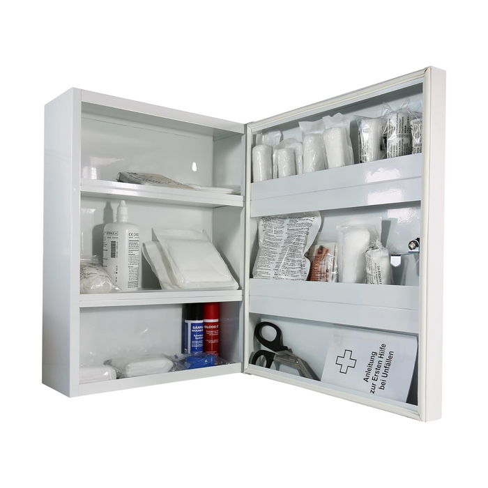 Verbandschrank D (leer) – Metall, staubgeschützt mit Dichtung – 2-türig mit Sicherheitsschloss – Weiß, 48,5 × 40 × 20 cm