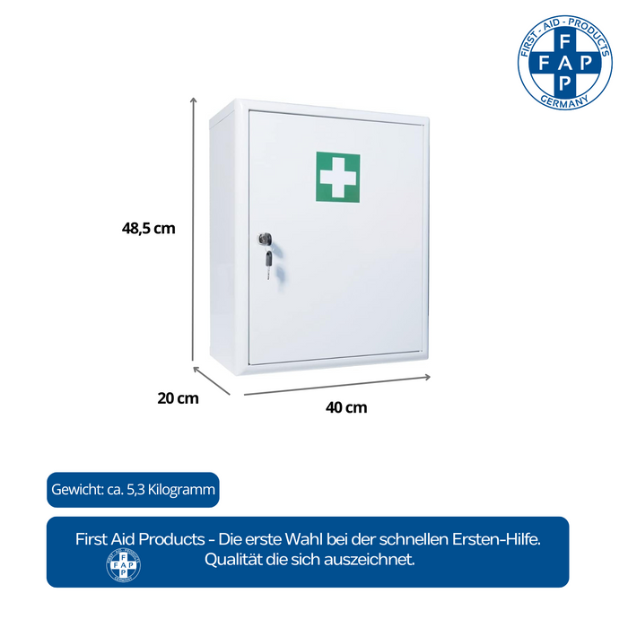 Verbandschrank D (leer) – Metall, staubgeschützt mit Dichtung – 2-türig mit Sicherheitsschloss – Weiß, 48,5 × 40 × 20 cm