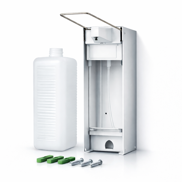 Hygiene-Wandspender Aluminium mit Langarmhebel – inkl. Leerflasche 1000 ml