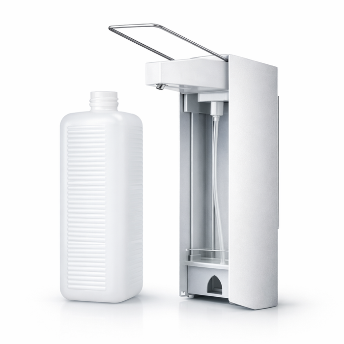 Hygiene-Wandspender Aluminium mit Langarmhebel – inkl. Leerflasche 1000 ml
