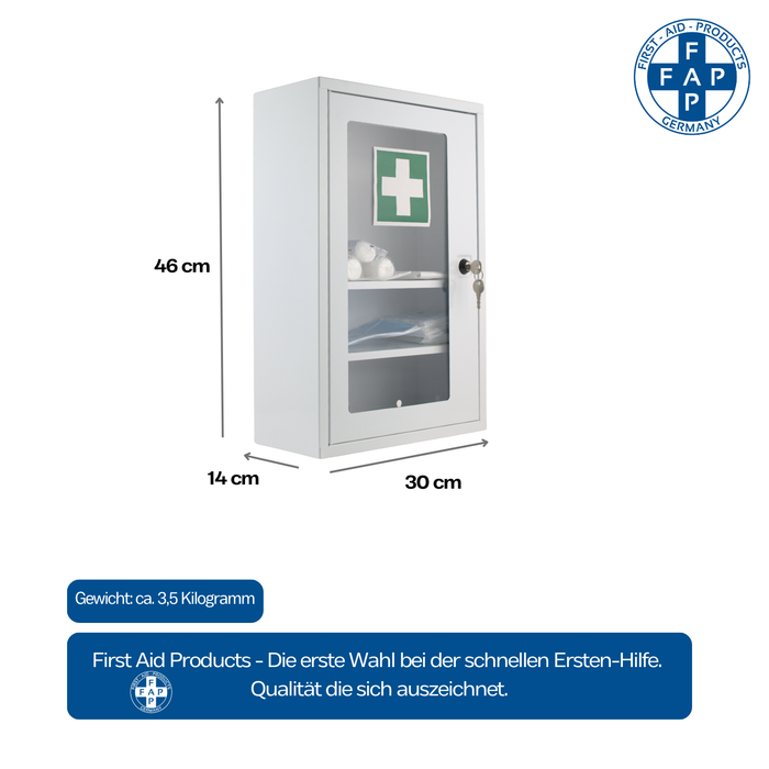 Verbandschrank F (leer) – Metall, pulverbeschichtet, 1-türig mit Sichtfenster & Sicherheitsschloss – passend für DIN 13157 Füllung – Weiß, 46×30×14 cm